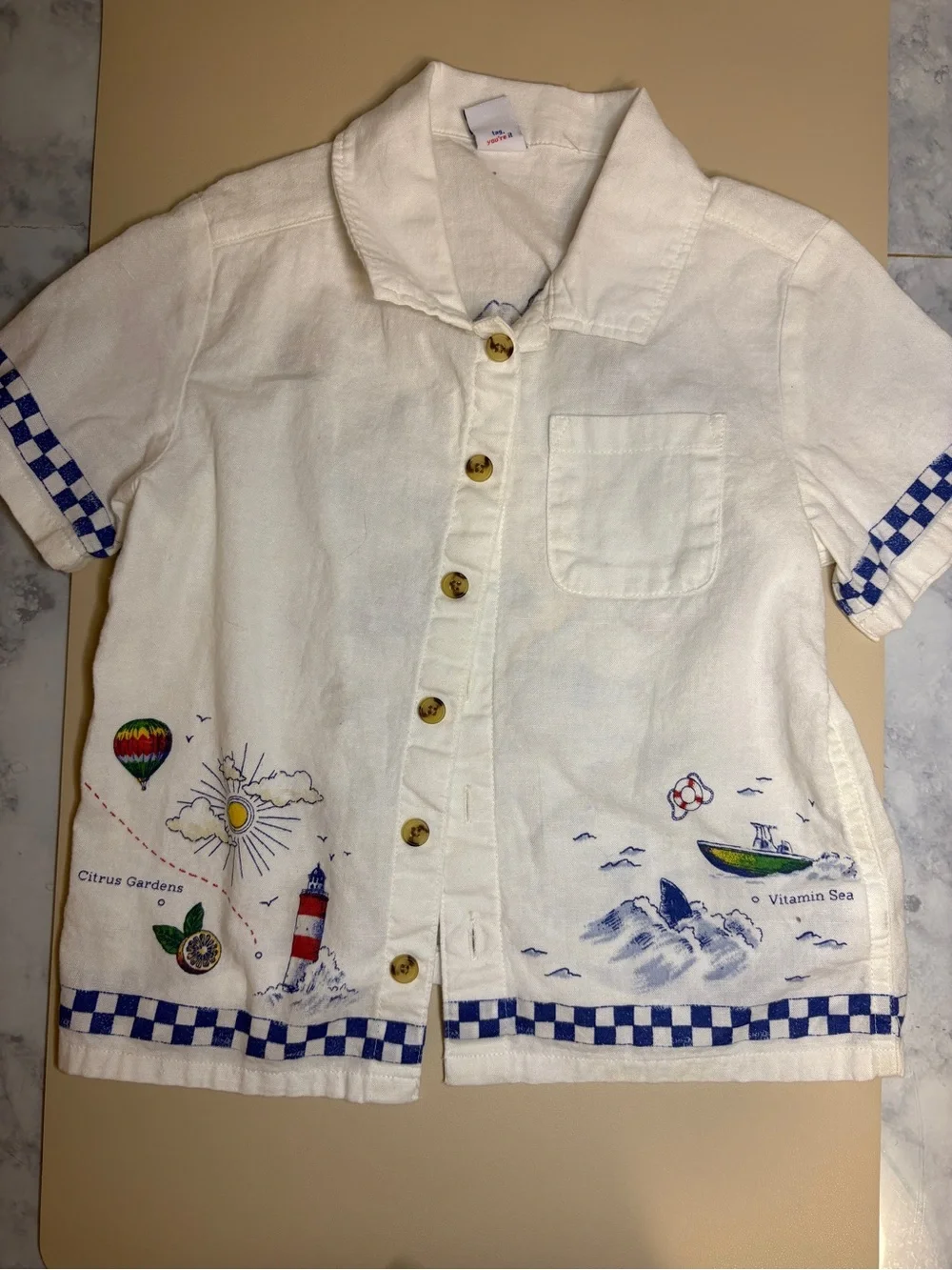 Old Navy White Short-Sleeve Button-Down Shirt with Blue Check Trim